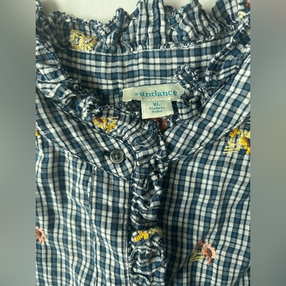 Sundance Women’s Seaside Gardens Blue Plaid Check Floral Ruffle Top - Picture 3 of 7